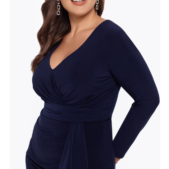 Betsy & Adam Womens‎ 14W Elle Dark Navy Blue Cascading Ruffle Gown Dress - Picture 2 of 4